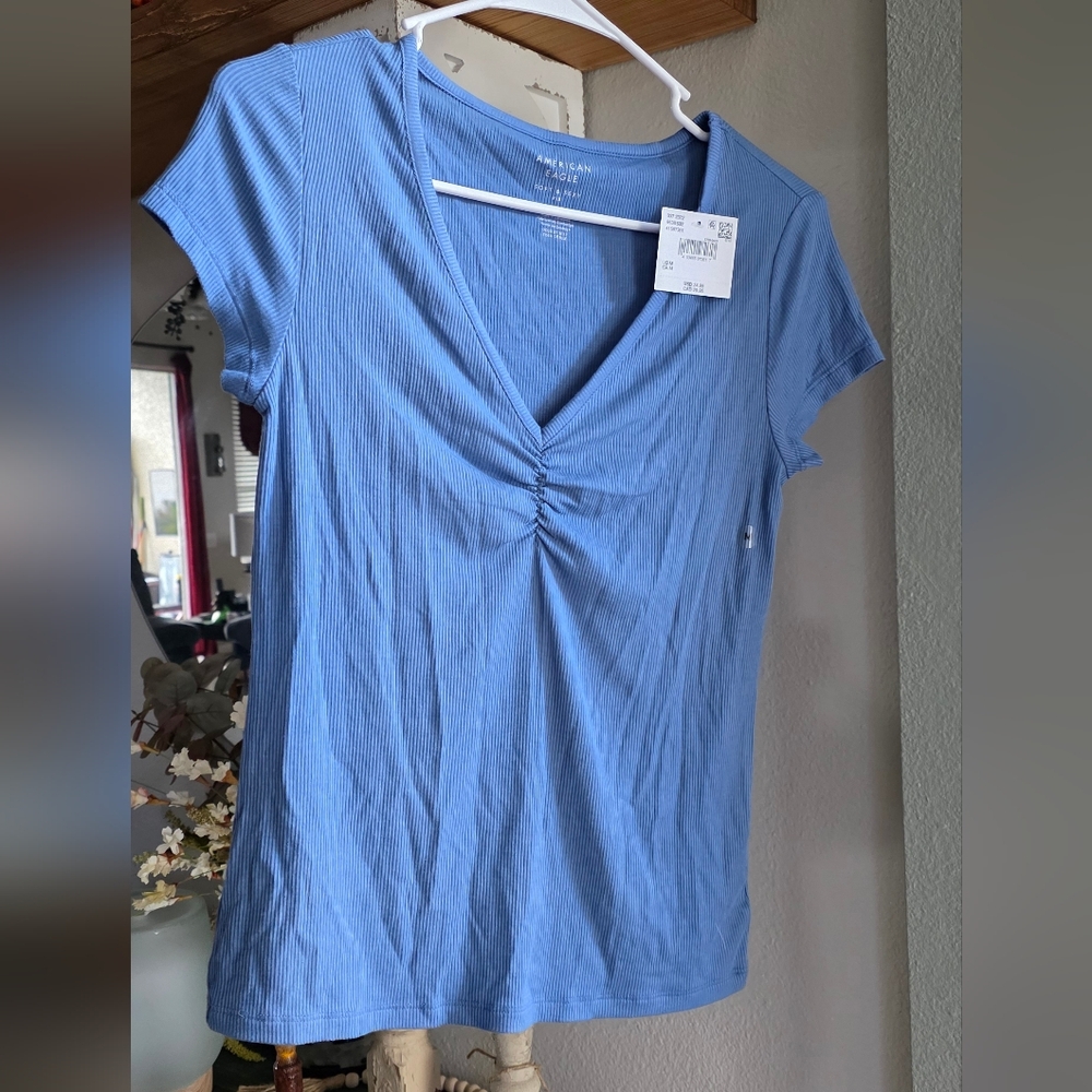 American Eagle Outfitters Blue V-Neck Tee